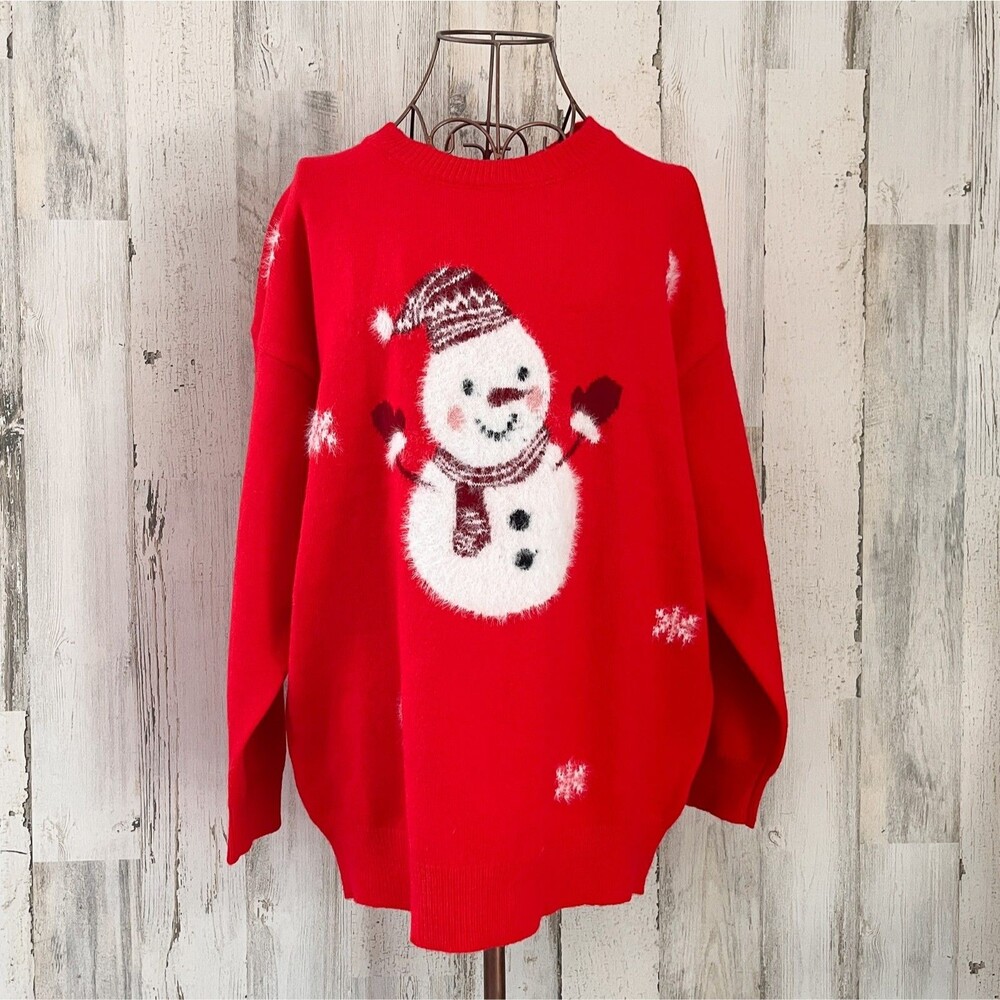 Red Holiday Snowman Ugly Christmas Sweater L/XL Christmas Party Office Fuzzy